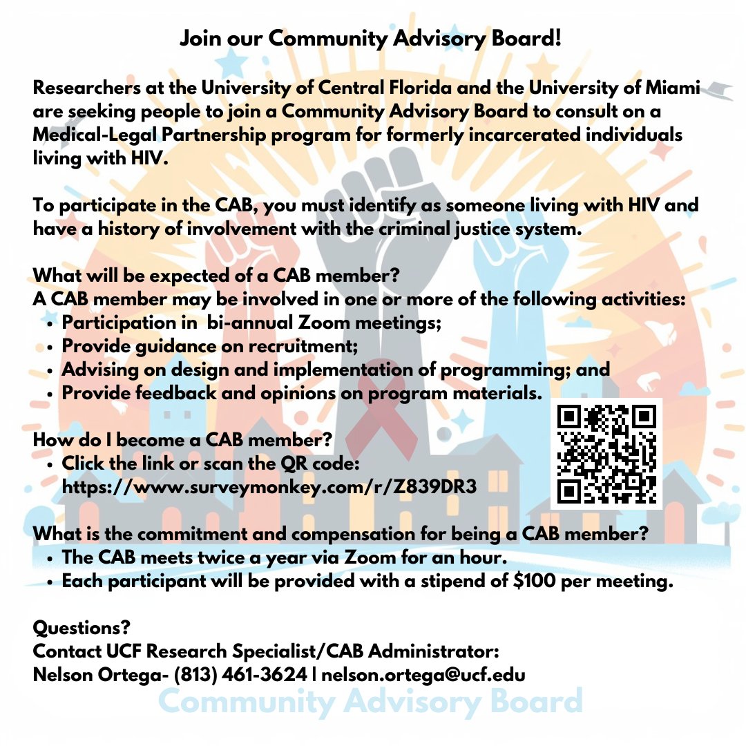 MLPResearch's tweet photo. At this time, we are recruiting individuals to be part of the Community Advisory Board for the Medical Legal Partnership program for formerly incarcerated individuals living with HIV. Please help us by sharing the flyer on social media platforms. https://t.co/MvnNyX4wkh https://t.co/Ce8P1Tptc6