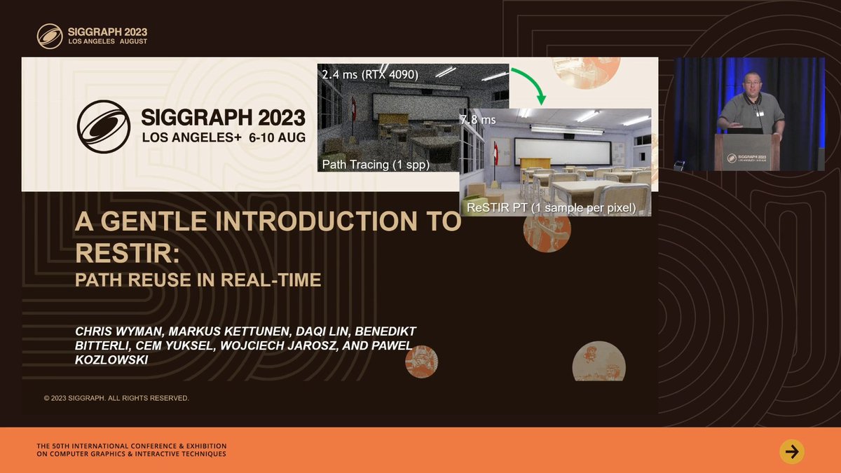 The video for our SIGGRAPH 2023 course "A Gentle Introduction to ReSTIR" is now available on the ACM Digital Library.  It's freely available, without subscribing to the DL, by navigating through this specific link (our course is first):  siggraph.org/wp-content/upl…