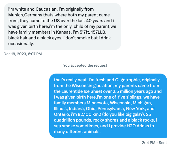 LakeSuperior's tweet photo. Anyone else get weird DMs on this site?

Anyway, I hope she responds. https://t.co/8GSlmpitXS