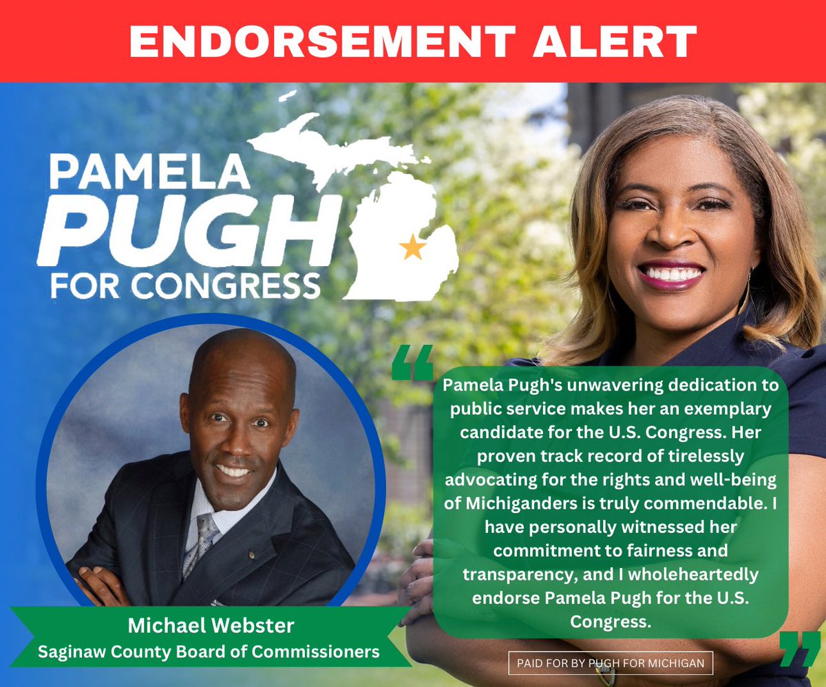 PamelaPughMI's tweet photo. Big news from the campaign trail! 🚀 45 endorsements from Saginaw County have joined our movement in Michigan’s 8th District. From local leaders to community advocates, we’re building a coalition that stands for Mid-Michigan’s future. 

#PughForCongress #MI08

🧵 1/4 https://t.co/vbS60fDV2T