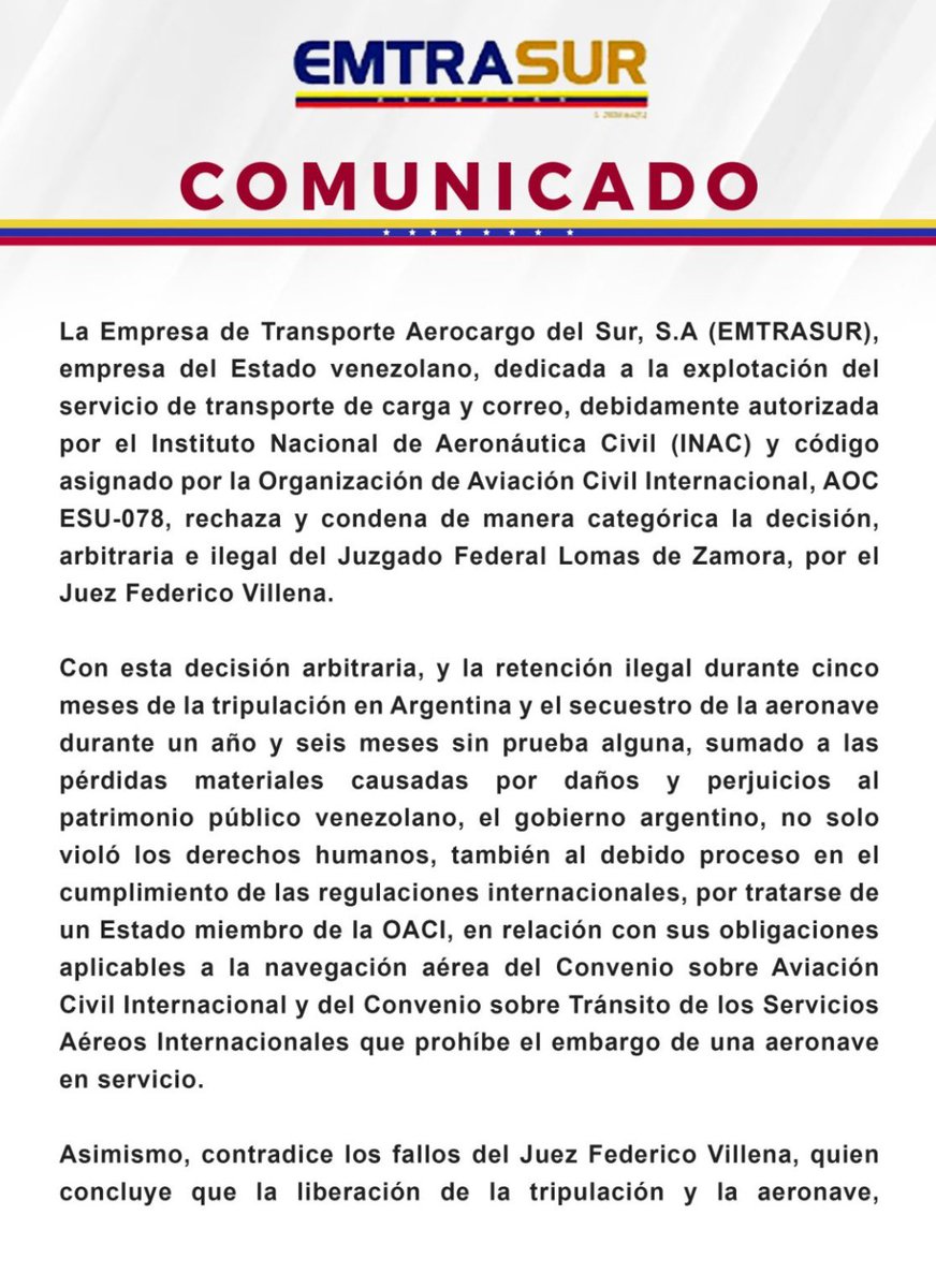 PartidoPSUV's tweet photo. Emtrasur condena decisión arbitraria e ilegal del Juzgado Federal de Argentina https://t.co/BBI6lC4pdG  

#PuebloLegisladorDePaz
https://t.co/UMfcKeuV7M