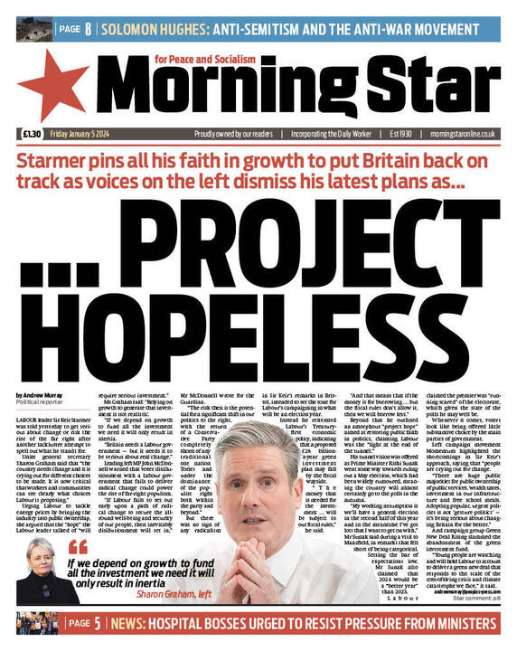 M_Star_Online's tweet photo. Tomorrow's front page:
Starmer pins all his faith in growth to put Britain back on track as voices on the left dismiss his latest plans as PROJECT HOPELESS https://t.co/Mqk2Icfl52