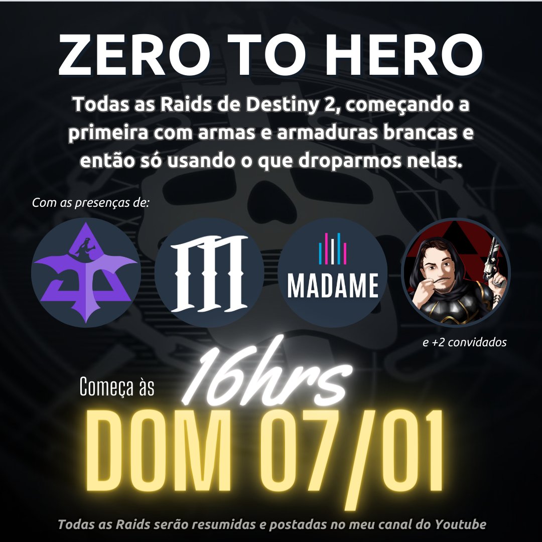 Que tal um Zero to Hero versão raid? Isso mesmo, começando neste domingo eu, <a href="/MascaredOnline/">Mascared</a>, @themadameshaw, <a href="/guerrilae/">Guerrilae</a> e dois convidados (Ronin e Jubileu) vamos encarar o desafio de fazer todas as raids do jogo, começando só com equipamentos brancos.
#BungieCreator #Destiny2