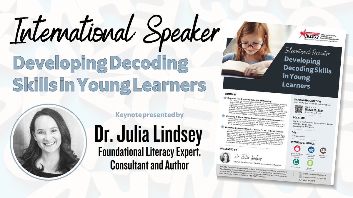 BOCES 2 CIPD (@boces2cipd) on Twitter photo Turn your students into reading detectives 🔎 and help develop their decoding skills with Dr. <a href="/JuliaBLindsey/">Dr. Julia Lindsey</a>, foundational literacy expert and consultant.
📅 March 20, 2024
🌐 ow.ly/mlOB50PYgHP Turn your students into reading detectives 🔎 and help develop their decoding skills with Dr. <a href="/JuliaBLindsey/">Dr. Julia Lindsey</a>, foundational literacy expert and consultant.
📅 March 20, 2024
🌐 ow.ly/mlOB50PYgHP