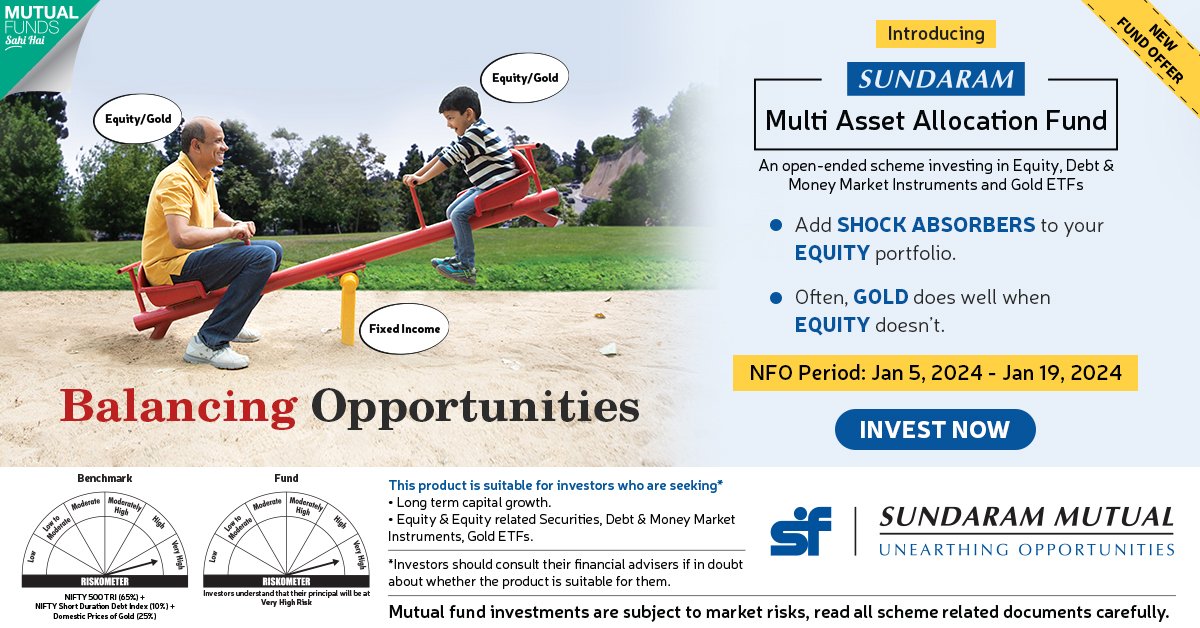 SundaramMF's tweet photo. Introducing our New Fund Offer (NFO) - Sundaram Multi Asset Allocation Fund!

Gold often does well when Equity doesn't. Add Shock Absorbers to your equity portfolio today!

Invest Now: https://t.co/Skuq03f1vB

#SundaramMultiAssetAllocationFund #NFO #MutualFunds #MutualFundSahiHai https://t.co/LckBCKL8gW