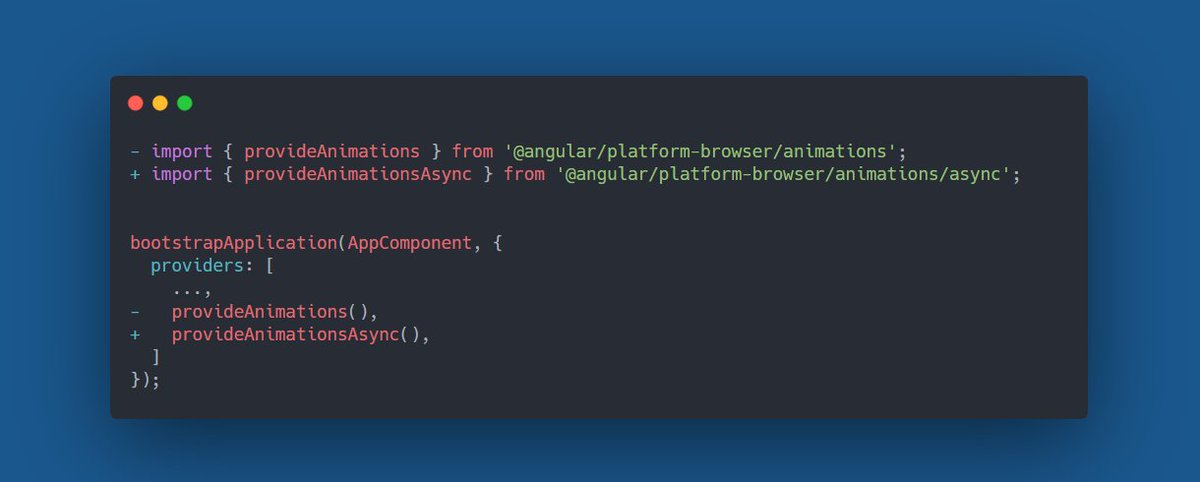 dzhavatushev's tweet image. Of course the first thing we did after upgrading to @angular v17 was to lazy-load the animations 🚀
It&apos;s as simple as changing two lines. 👇

Thanks @Jean__Meche ❤️