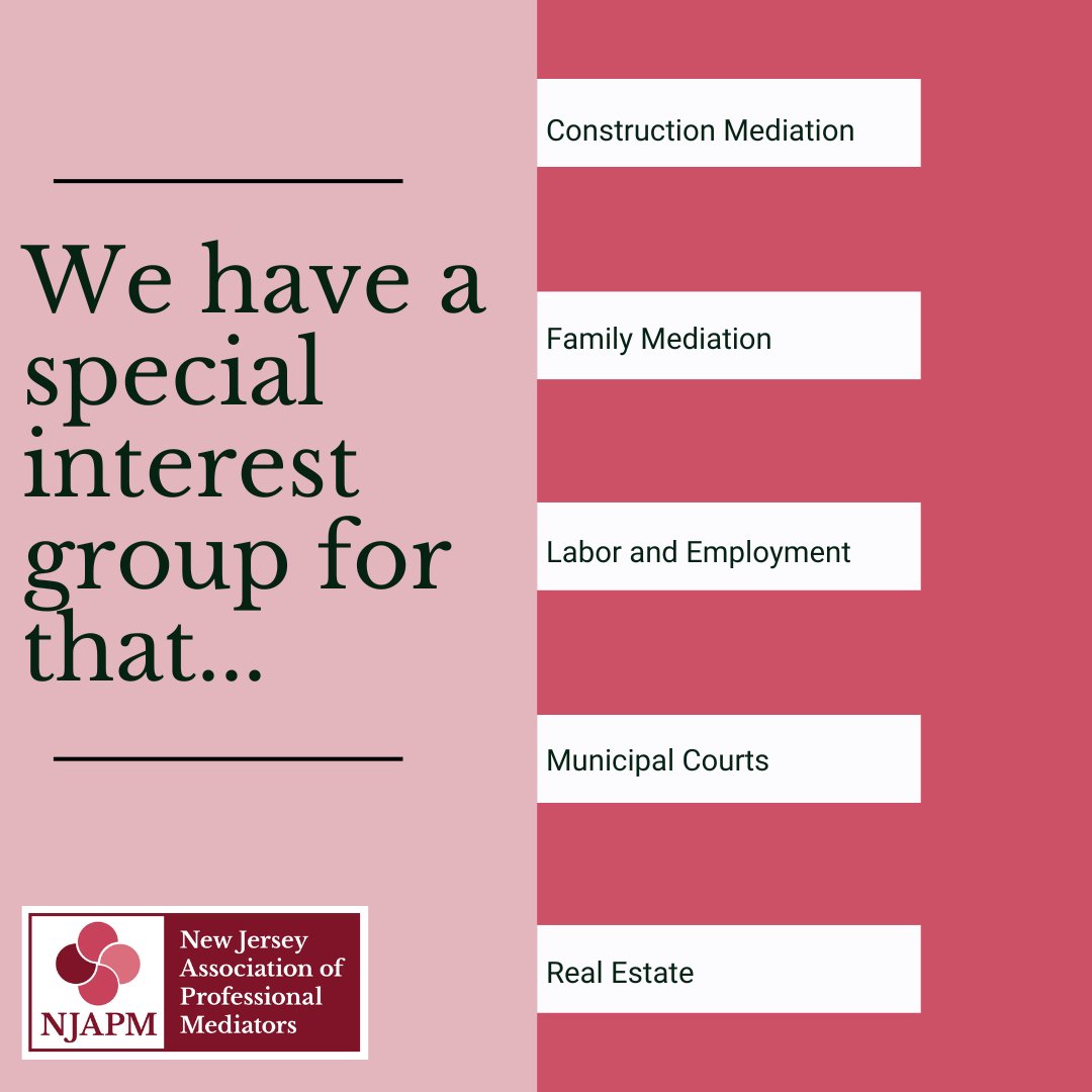 njapm's tweet photo. Along with our trainings, biannual conferences, newsletter, and other member benefits, our special interest groups provide a unique opportunity for members to connect with other professionals in their field.

Check out our full list: https://t.co/cVfSwMsjmN

#mediation https://t.co/cbA9HYZQGK