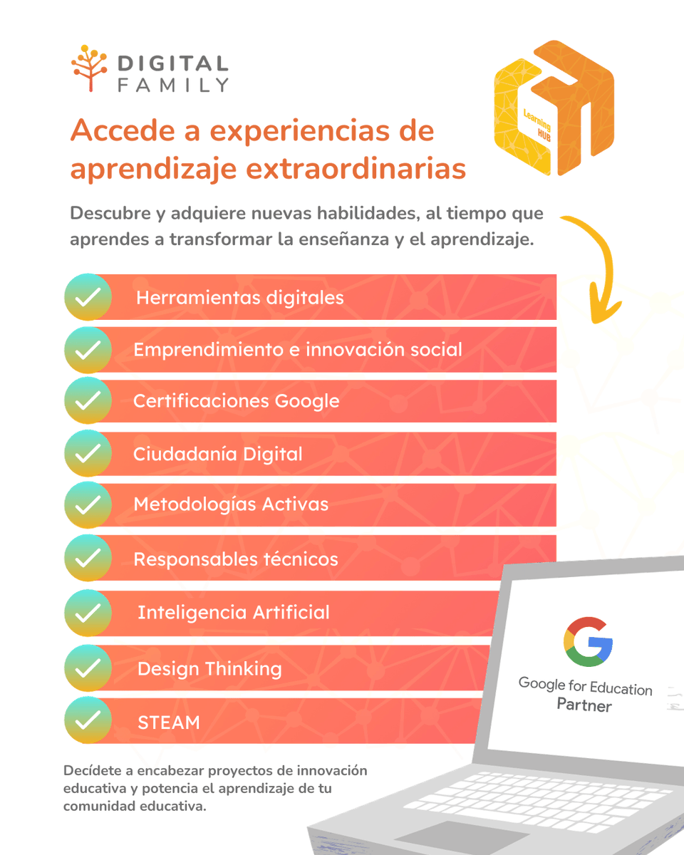 digitalfamilytw's tweet image. 🧑💻💡Capacítate a tu manera y a tu propio ritmo con cursos diseñados a través de recursos innovadores que facilitan la enseñanza y el aprendizaje. ¡Nuestro equipo de expertos certificados te acompaña! 🟧📚 learninghub.mx