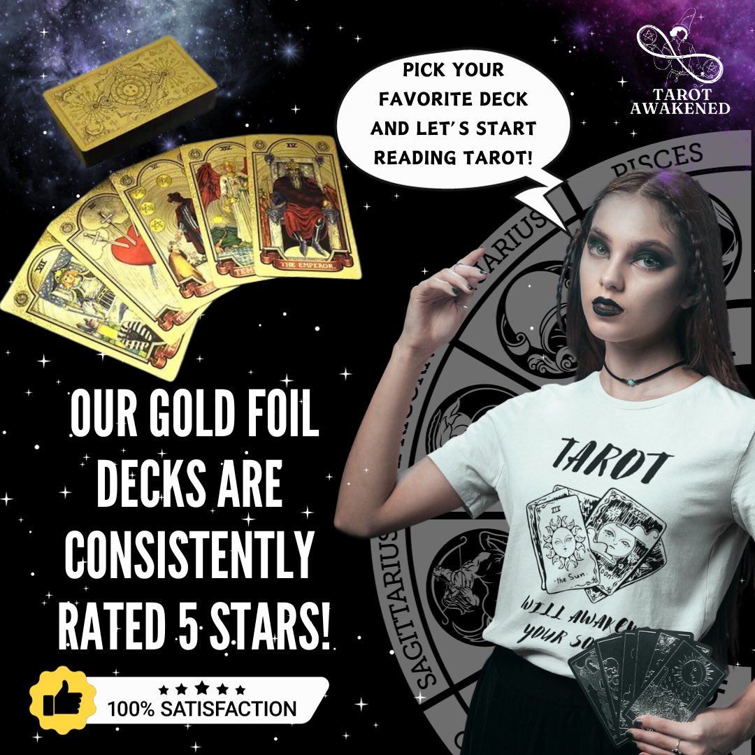 Happy New Year Tarot Fans! 🎉 it’s a New Year so that means a New You! 

Get it your 2024 started with a new Gold Foil Tarot Card deck ⭐️

Get yours here with Free Shipping 👉 bit.ly/gold-foil-seri…

#tarot #tarotcards #goldfoiltarotcards #tarotshop #riderwaite #goldfoil