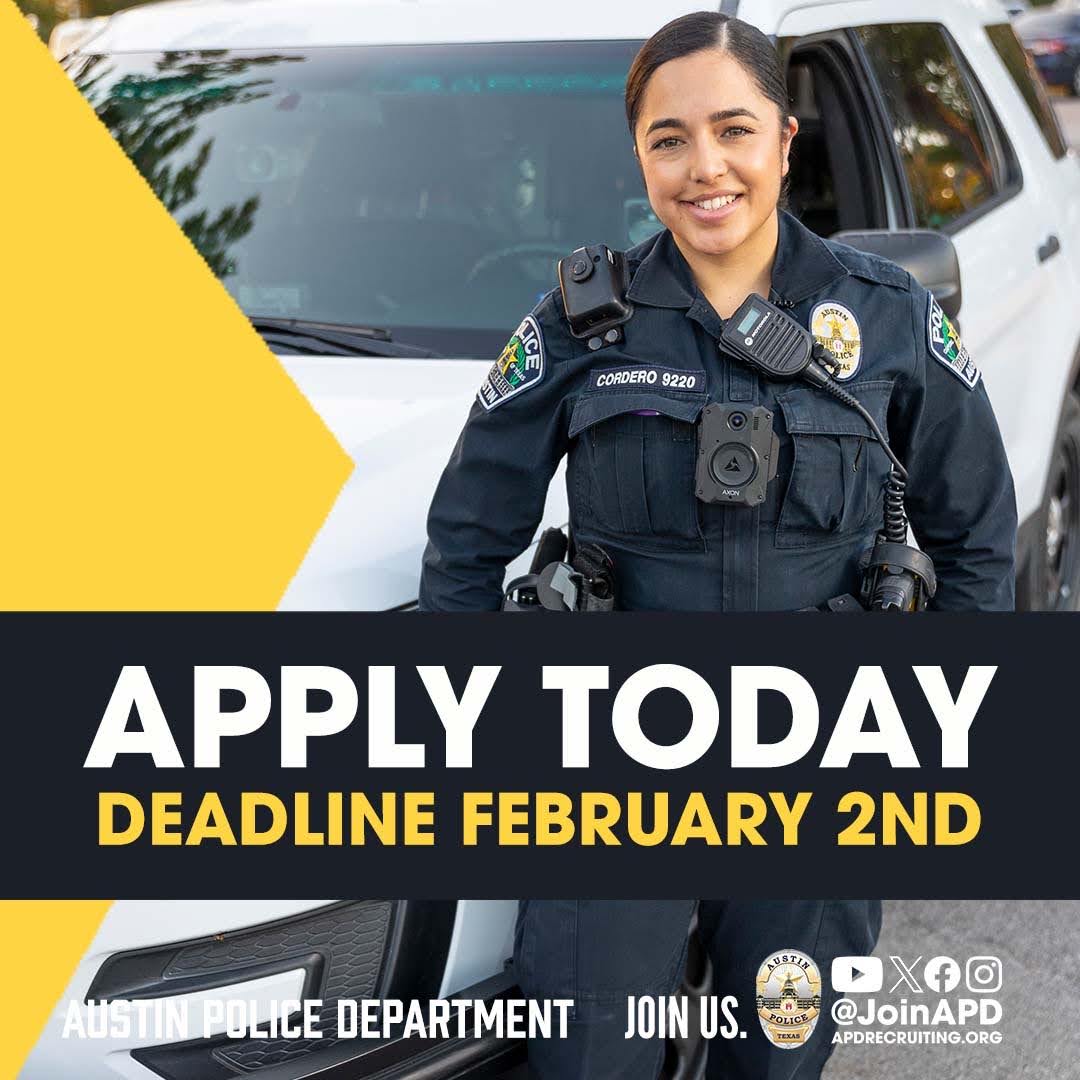 Don’t miss this opportunity to become an Austin Police officer. The deadline for application is February 2nd so don't wait!
Apply today! Visit apdrecruiting.org to get started.