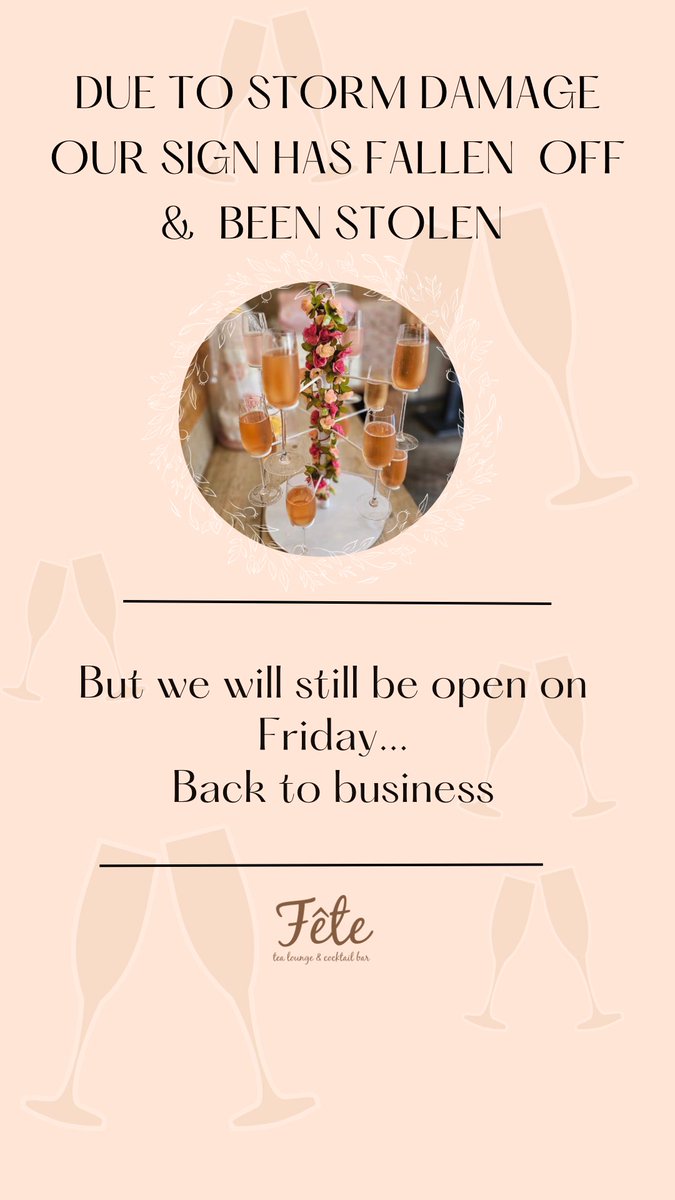 FeteLounge's tweet photo. Unfortunately, our sign fell off during the storm and was subsequently stolen. However, we will be open as usual on Friday. Thank you for your continued support.💛 https://t.co/wkh120Plv1
