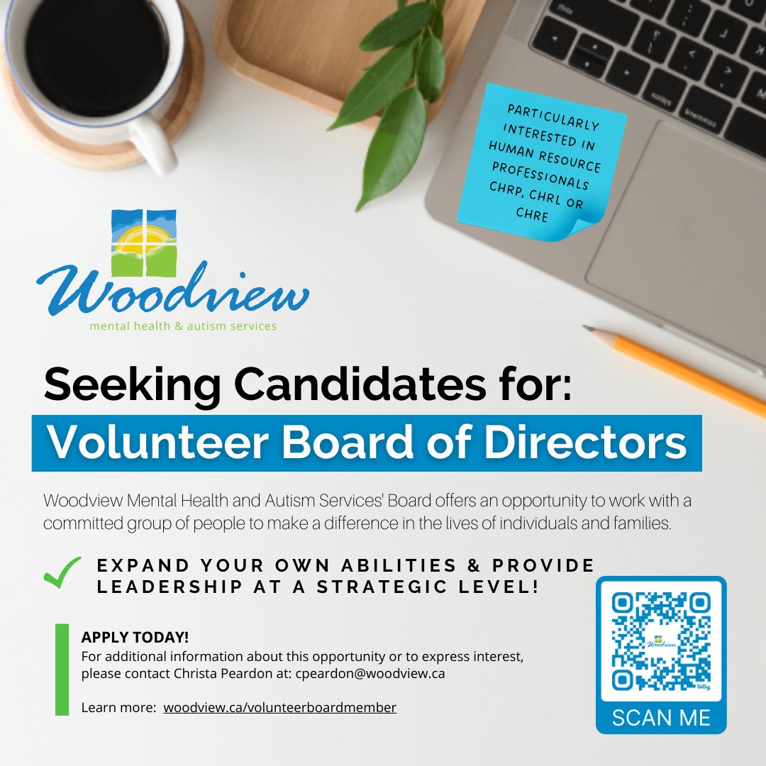 🚀 Woodview Mental Health &amp; Autism Services is seeking candidates for our volunteer BOARD OF DIRECTORS!  We're particularly interested in candidates who are Human Resource professionals with a CHRP, CHRL or CHRE designation at this time.

Learn more:
woodview.ca/volunteerboard…