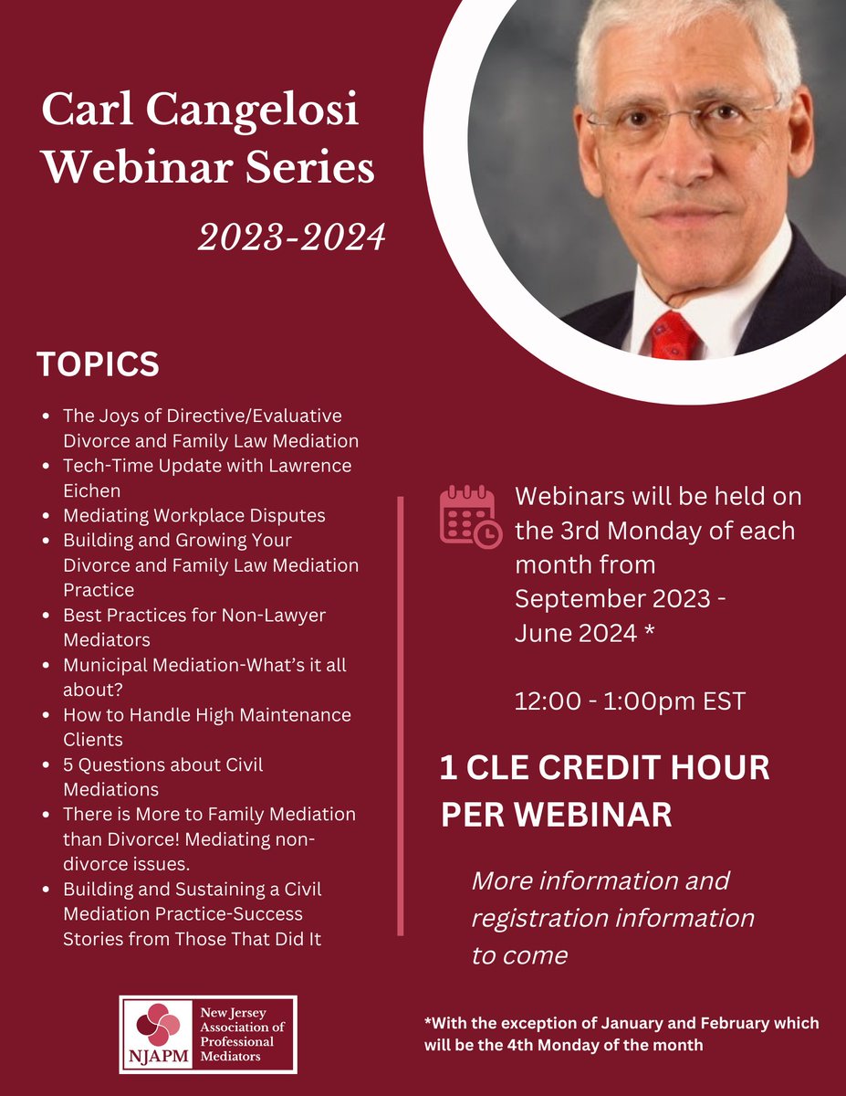 njapm's tweet photo. The Carl Cangelosi Web Series is an ongoing webinar series that will continue until June 2024. Sign up today for one of our informative sessions and receive 1 CLE credit per webinar.

Sign up today: https://t.co/JMn7VjVI2K https://t.co/iPVXTla1Xs