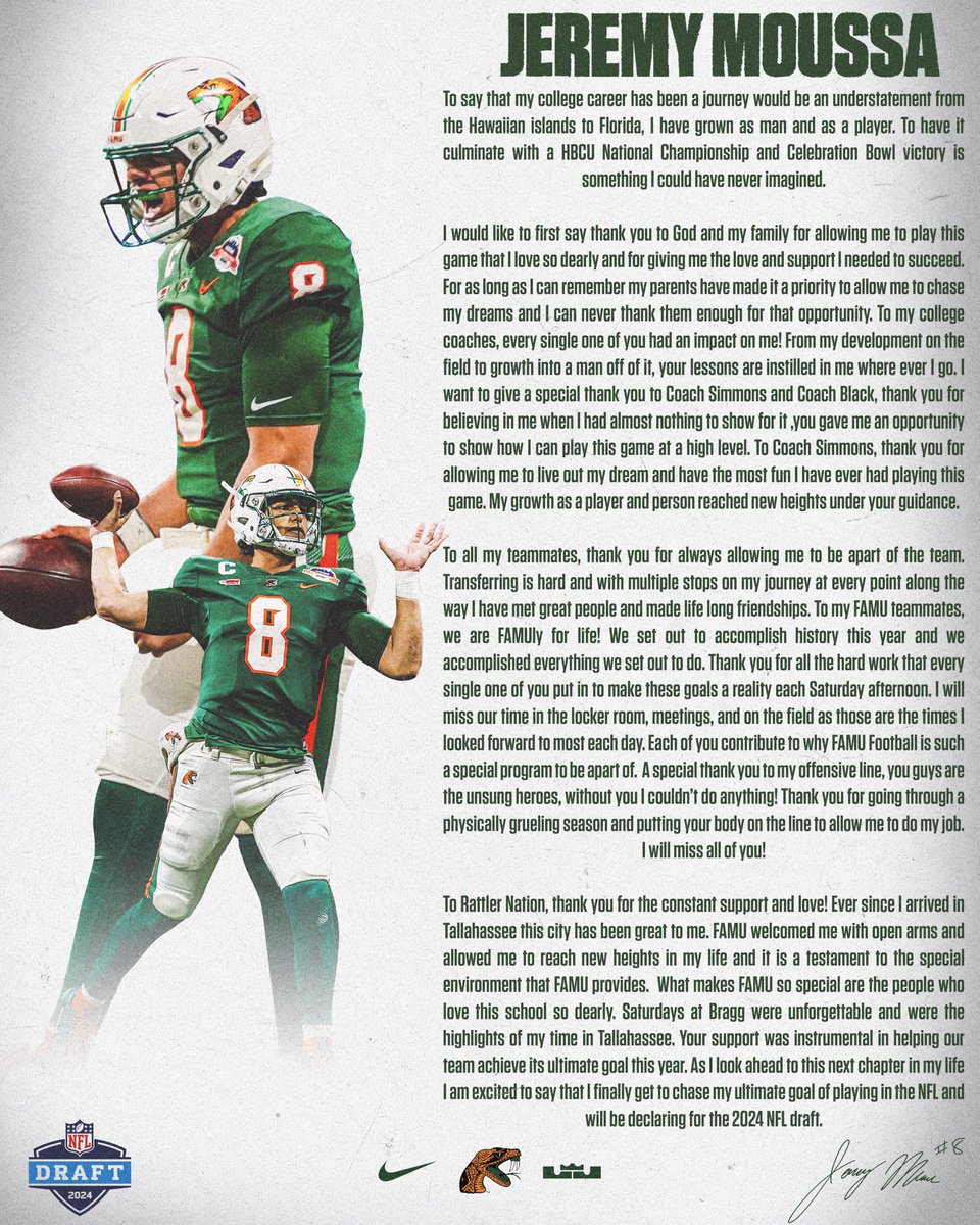 Florida A&amp;M University (QB) Jeremy Moussa declaring for the 2024 NFL Draft