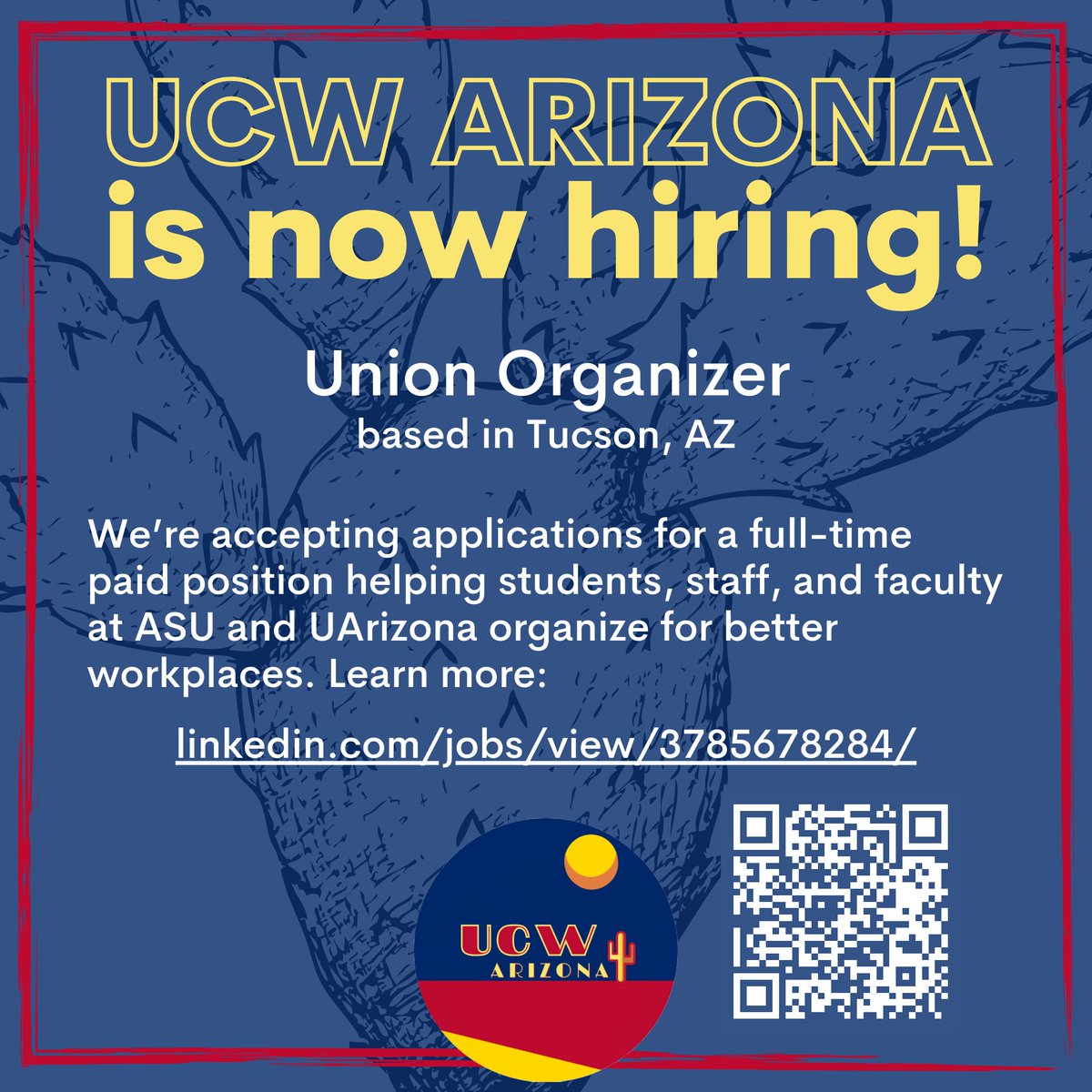 UCW Arizona is seeking a full-time Union Organizer. The position is based in Tucson, Arizona, and compensation is $60K per year. Learn more: linkedin.com/jobs/view/3785…
