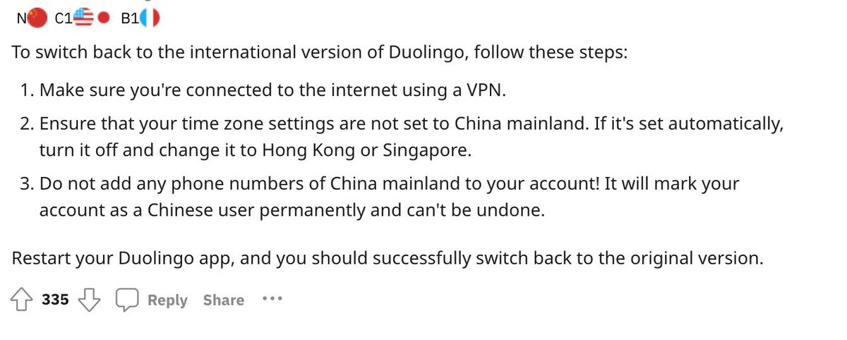 CatherineYZ's tweet photo. @duolingo @duolingo Also, I searched online it says do not add any Chinese phone number. Once I did, it will mark me as a Chinese user and it cannot be undone. Is this true?  
Now I am back to Canada and I cannot find the input box on UI to add my Canadian number. https://t.co/wyWxqtF5p1