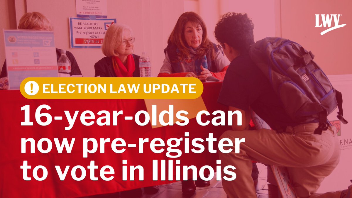 16- and 17-year-olds are now eligible to pre-register to vote in Illinois! Register online today ➡️ ova.elections.il.gov

You must have an IL state ID or driver's license to pre-register. The pre-registration will go into effect automatically when you reach voting age.