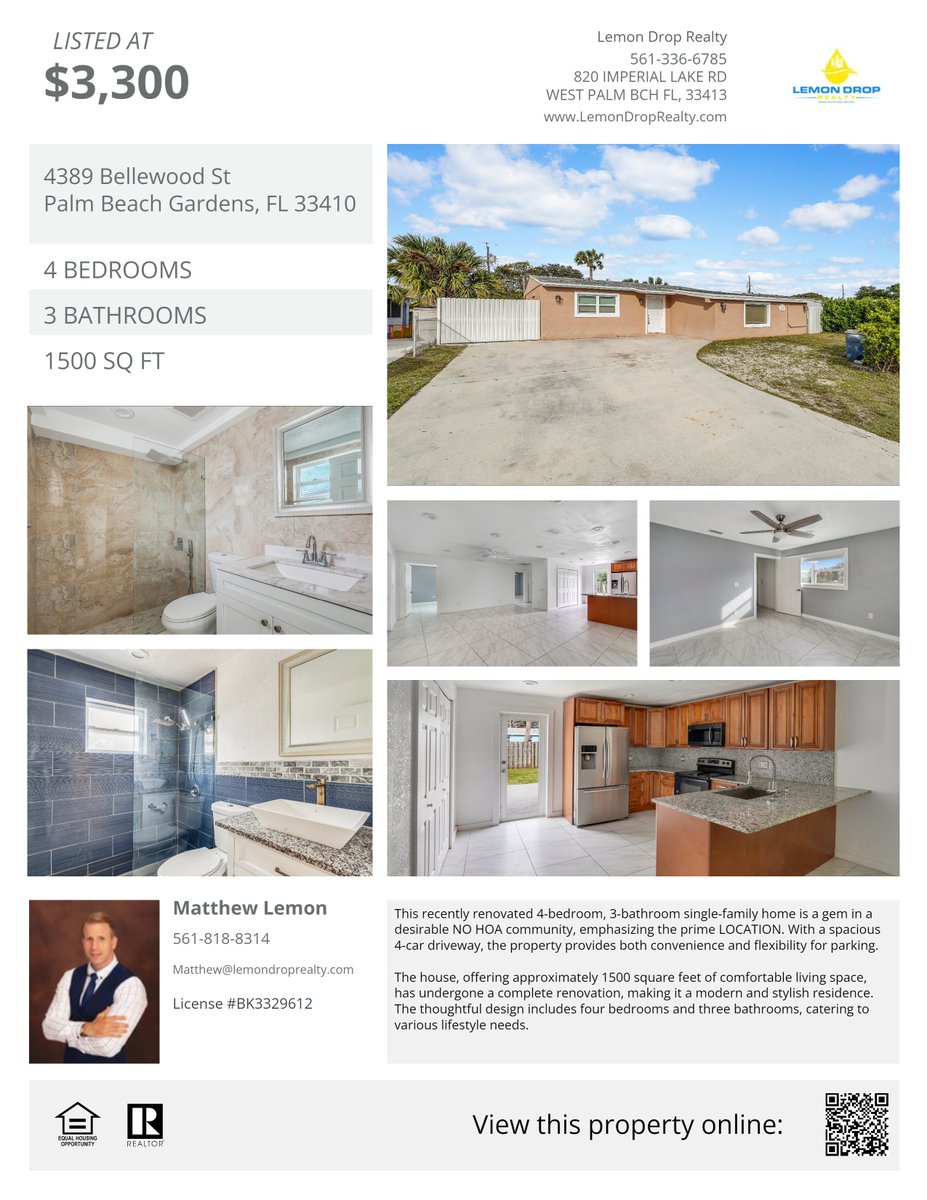 LemonDropRealty's tweet image. JUST LISTED For Rent $3,300/ Month   4389 Bellwood, Palm Beach Gardens Completely Renovated 4 Bed 3 Bath Spacious Driveway NO HOA #homebuyers #homesellers #zillow #Realtor #MLS RX-10946841  Thinking about making a move?  Call #Realtor Matthew Lemon #561.818.8314 #LemonDropRealty