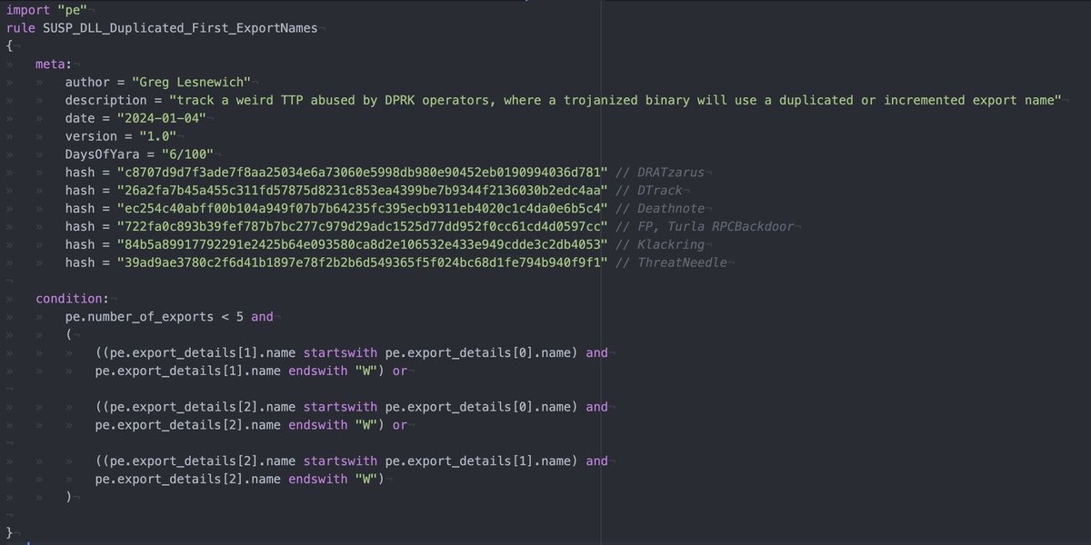 greglesnewich's tweet image. #100DaysofYARA Day 6 

sometimes our pals in TA404/Zinc/Temp.HERMIT/Diamond Sleet reuse export names and add a dubya (&quot;W&quot;) to the end of the second name. 

lets create a loose rule looking for duplicates like that! 

Examples in the second pic thanks to Ronnie Coleman