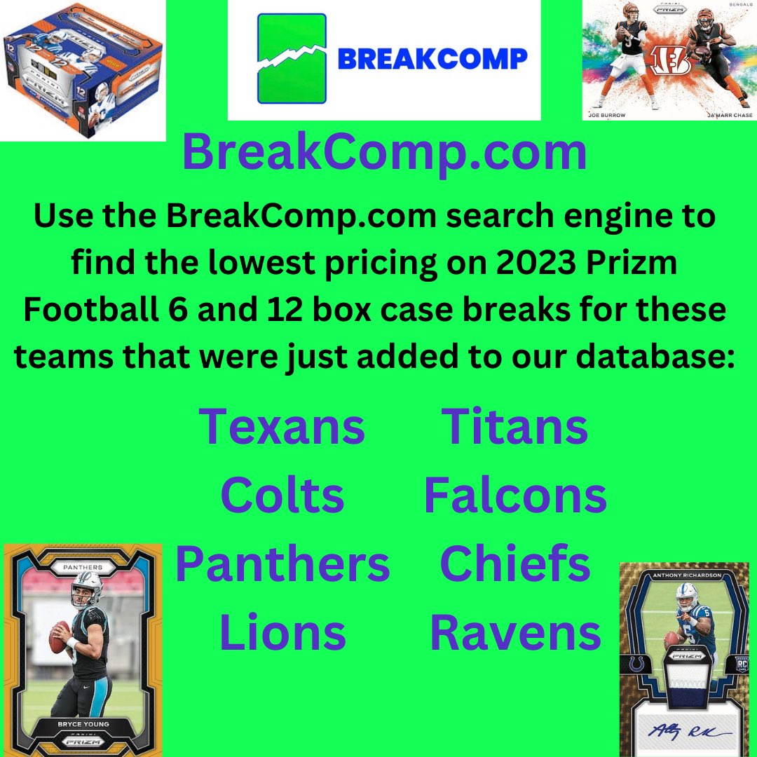 2023 Prizm football PYT price comparisons can be found at BreakComp.com.

#boxbreak #boxbreaks #casebreak #casebreaks #teambreak #groupbreaks #groupbreak #sportscards #sportscard #2023prizmfootball #paninifootball #paniniamerica #paniniprizm #prizmfootball