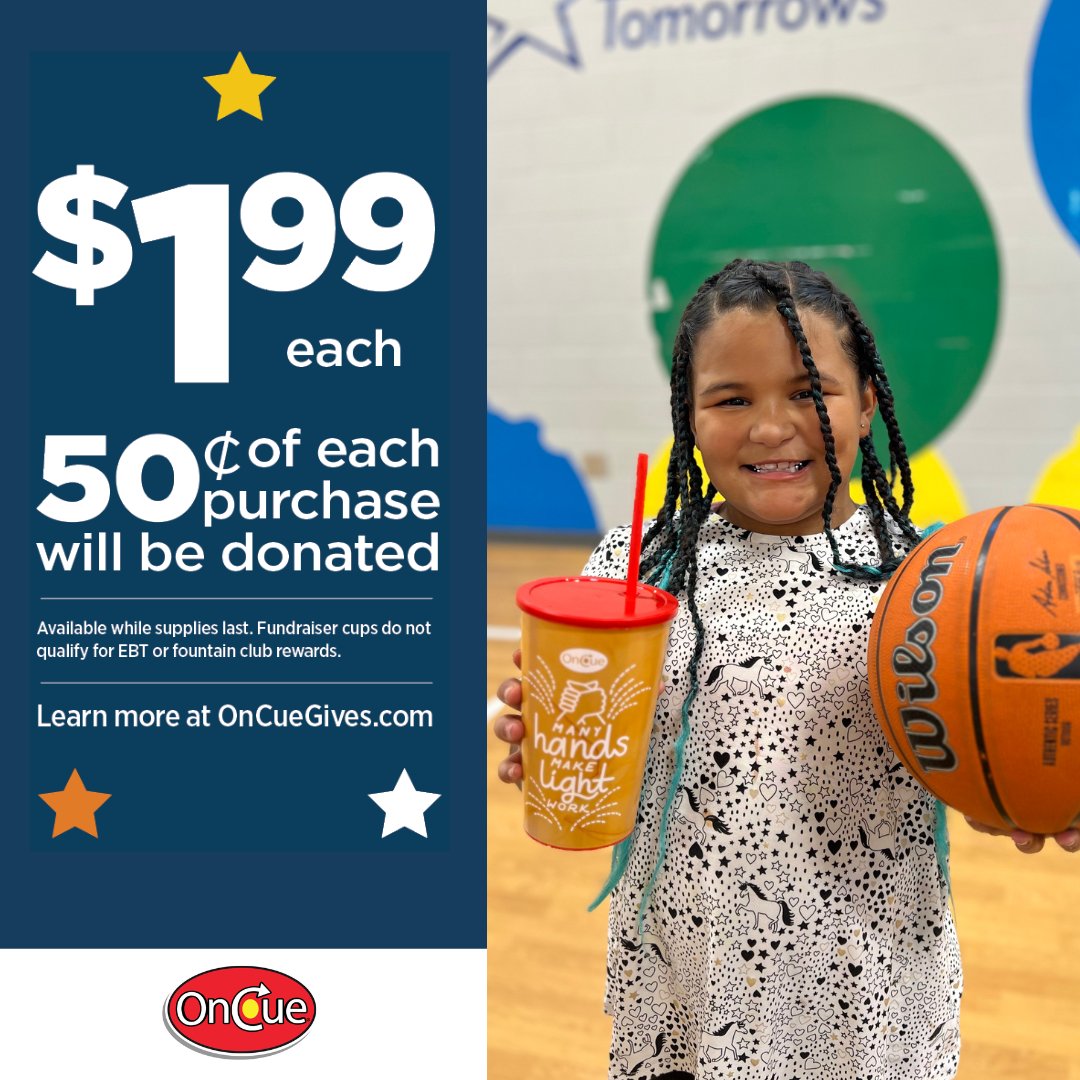 ptokc's tweet photo. There's an exciting new way for you to support our school this quarter! 🥤 From now through March, OnCue Express is donating 50 cents from the purchase of every reusable fundraiser cup to Positive Tomorrows. https://t.co/PfcMlvFuW2
