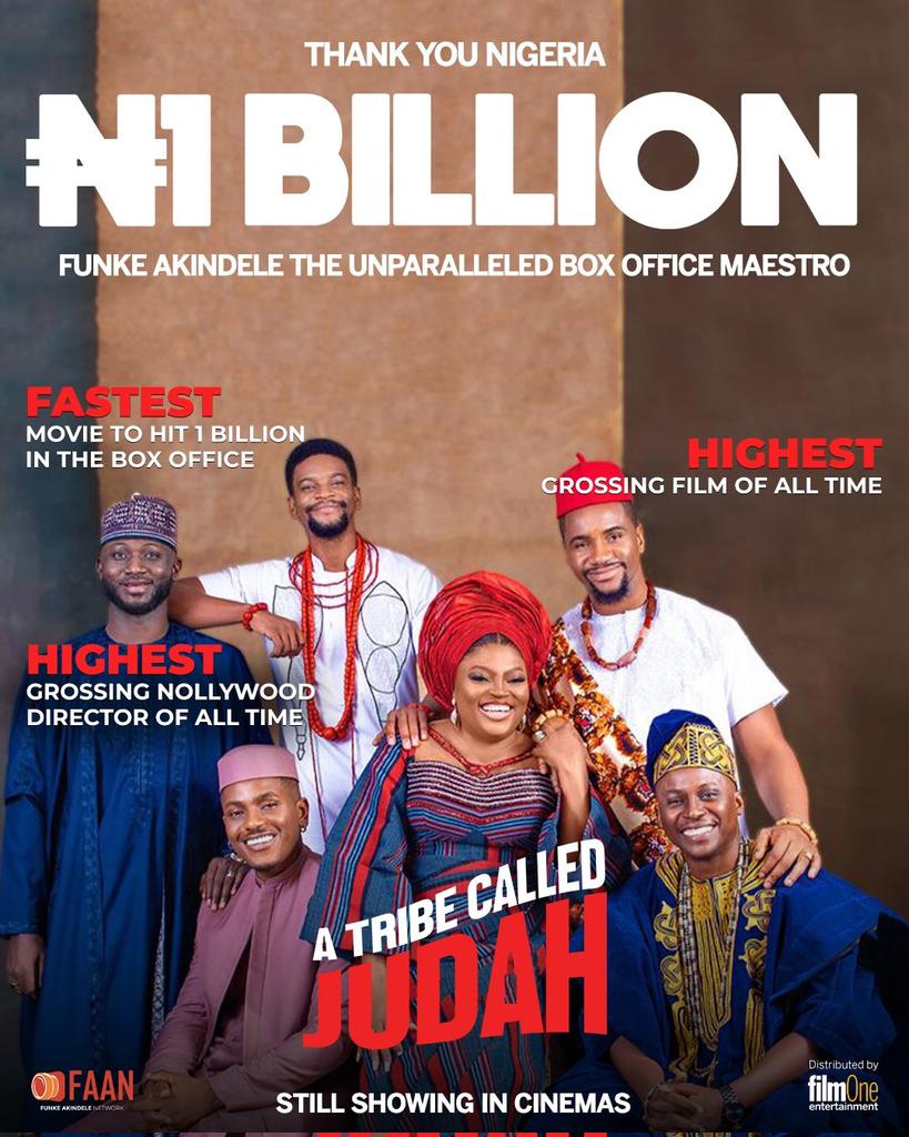 “A Tribe Called Judah” has officially generated ₦1 BILLION in box office revenue! Massive congratulations to @funkeakindele and @FilmOneng. 👏🏾 The message is clear: Nollywood is ready to lift off! 🚀