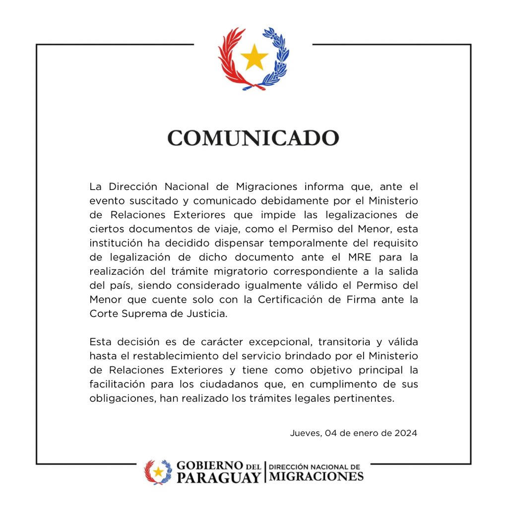 MigracionesPY's tweet photo. 📢 COMUNICAMOS 

Se dispensará temporalmente del requisito de legalización del Permiso del Menor ante el @mreparaguay para el trámite migratorio de salida del país, considerando igualmente válido el documento que cuente solo con la Certificación de Firma ante el @PoderJudicialPY https://t.co/VjBz6XSqTQ