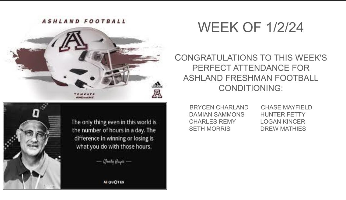 WE HAVE 46 YOUNG MEN SIGNED UP TO PLAY FRESHMAN FOOTBALL NEXT YEAR!  24 ARE PLAYING ANOTHER SPORT WHICH IS OUTSTANDING!!!!! 11 OUT OF 22 HAVE SHOWED UP TO CONDITIONING.  WE NEED TO GET EVERYONE OUT TO CONDITIONING!!! PLEASE DO NOT BE THE WEAK LINK IN THE CHAIN! <a href="/Tomcat_football/">Ashland Football</a>