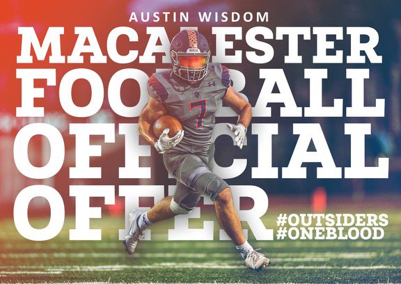 AustinRS_Wisdom's tweet photo. After a great conversation with @Phil_Nicolaides I am more than blessed to receive my seventh official offer from Macalester College

@FootballCrespi @Throw_2_Win @RyanWrightRNG @lancewisdom17 https://t.co/Mv13VAJSFz