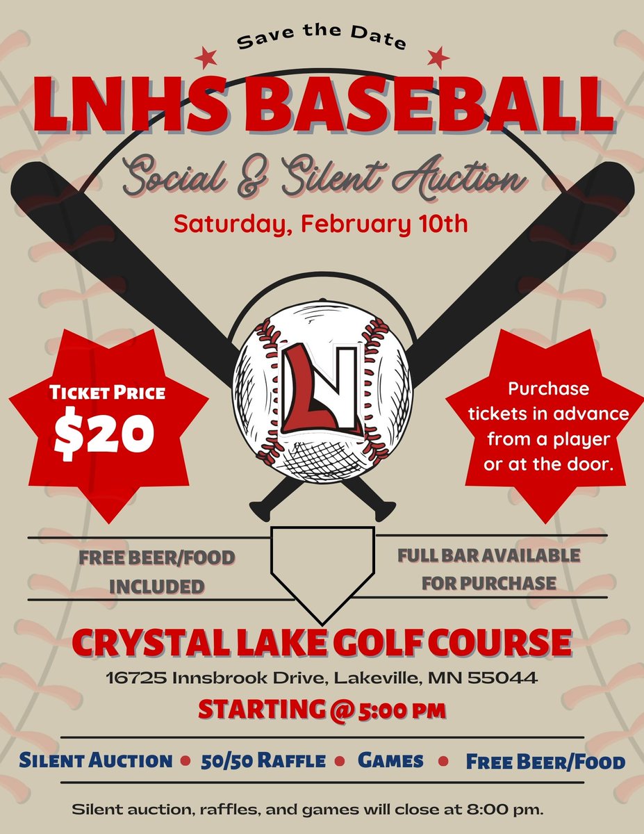 ⚾️ SAVE THE DATE ⚾️

Our annual social and silent auction is on Saturday, February 10 at Crystal Lake Golf Course. 

#NorthBaseball