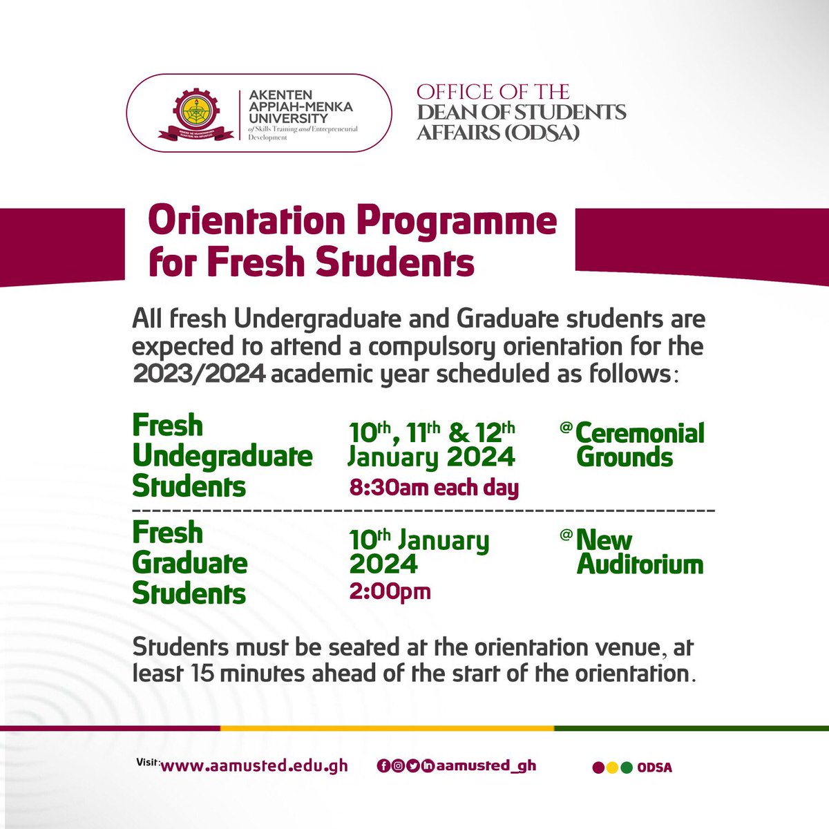 hawking_glow's tweet photo. 📌📌📌
Dear Fresh Student, kindly take note!
#WelcomeToAAMUSTED https://t.co/vg8rW5MJnZ