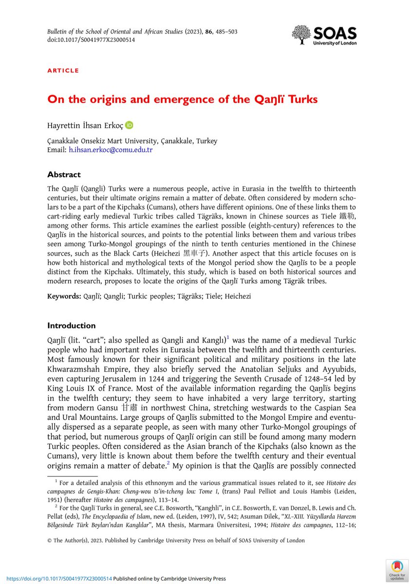 Kısa bir süre önce Bulletin of the School of Oriental and African Studies dergisinde Ön İzleme olarak yayımlanan makalem derginin 86/3 sayısında basılmıştır. // My article recently published in the Bulletin of the School of Oriental and African Studies in FirstView format has