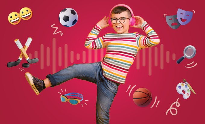 A child wearing headphones and dancing against a red background, with icons representing various activities surrounding him.