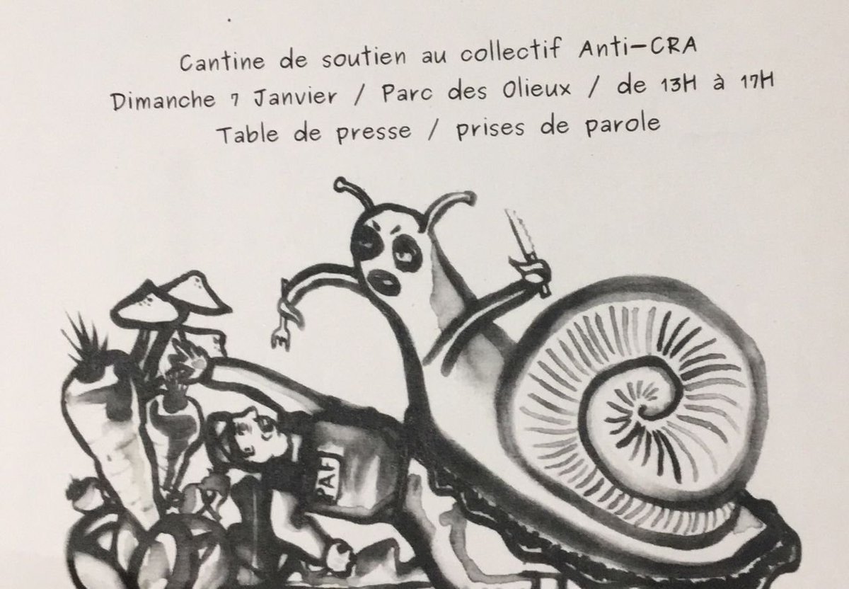 Anarchisterie's tweet photo. ⚫️Dimanche 7 janvier 2024 à #Lille y'a une cantine prix libre en soutien aux luttes antiCRA, table de presse. Viens manger entre 13h et 17h au parc des Olieux, y'aura des empanadas, d'la soupe et des samoussas sucrés ! À défaut de casser les barreaux, viens casser la croûte ! https://t.co/ppogTZq6p9
