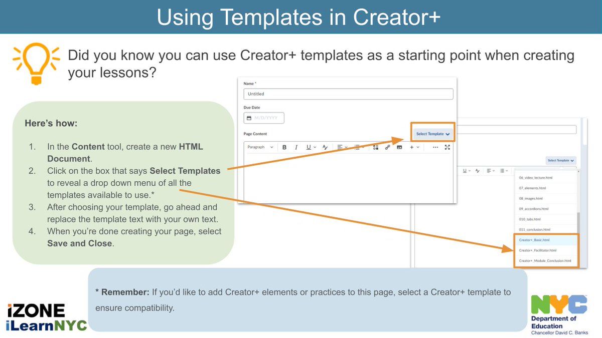 As teachers, it can be hard to always be creative with content. Why not use templates in iLearn's Creator+ to get you started? Templates provide a starting point for creating your content. Give it a try today!  #ilearnnyc #ilearnnycpd #nycdoepd #nycschoolstech