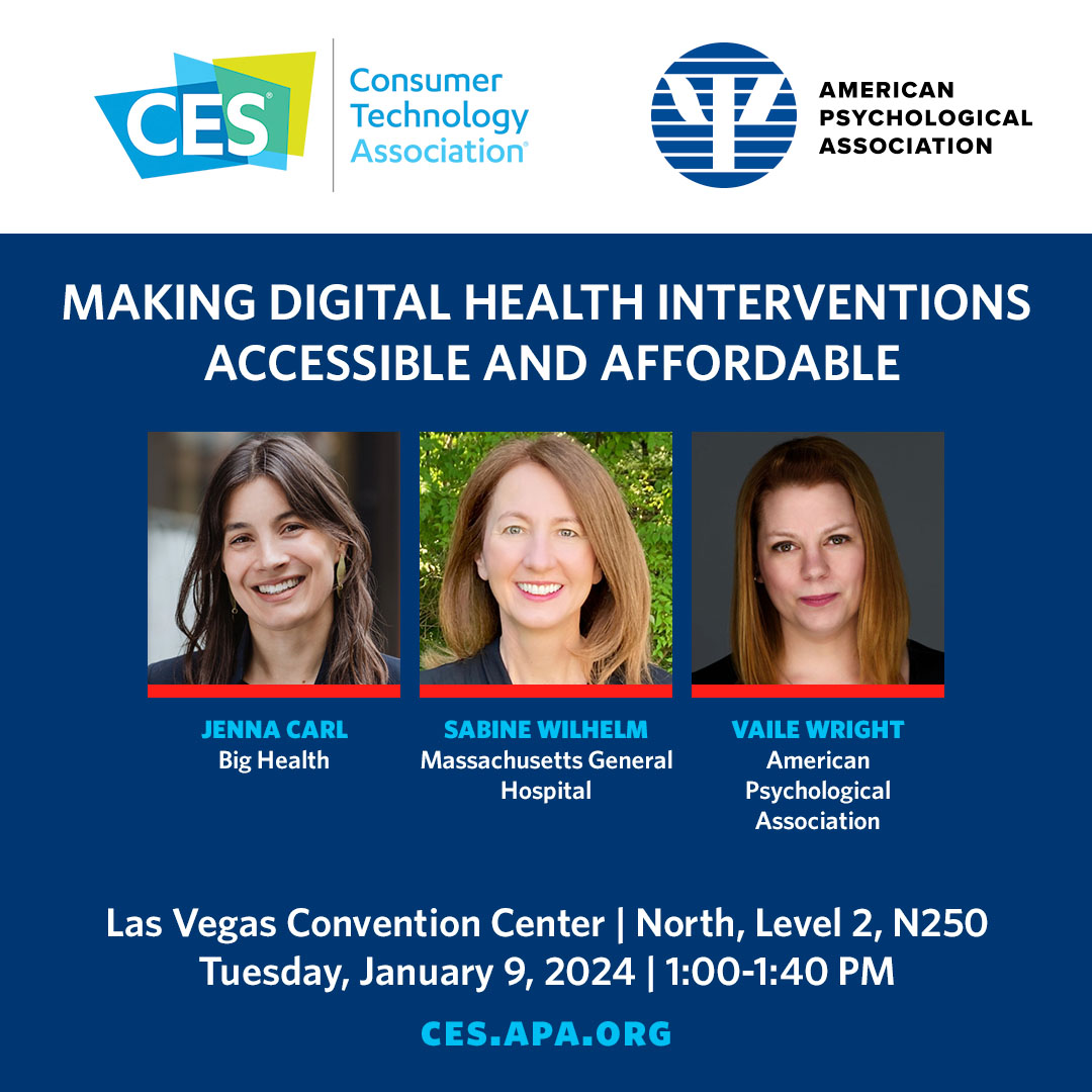 #CES2024 is almost here! If it’s happening in the world of tech, it’s being talked about at the world’s most influential technology event and the @APA will be there! I'll be moderating a panel with Drs. Jenna Carl and Sabine Wilhelm on Jan 9th. #PsyTechCES