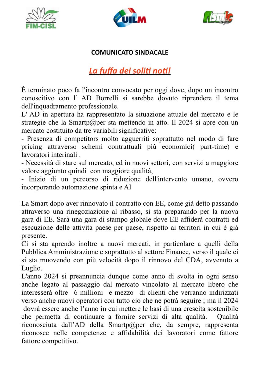 UilmBasilicata's tweet photo. Comunicato Sindacale Fim #Uilm Fismic: L'AD Borrelli ha illustrato le strategie della Smartpaper per affrontare le sfide del 2024. L'assemblea della prossima settimana deciderà le azioni future. #LavoratoriUniti #InquadramentoProfessionale #SmartPaper https://t.co/swNtN8Rs0z