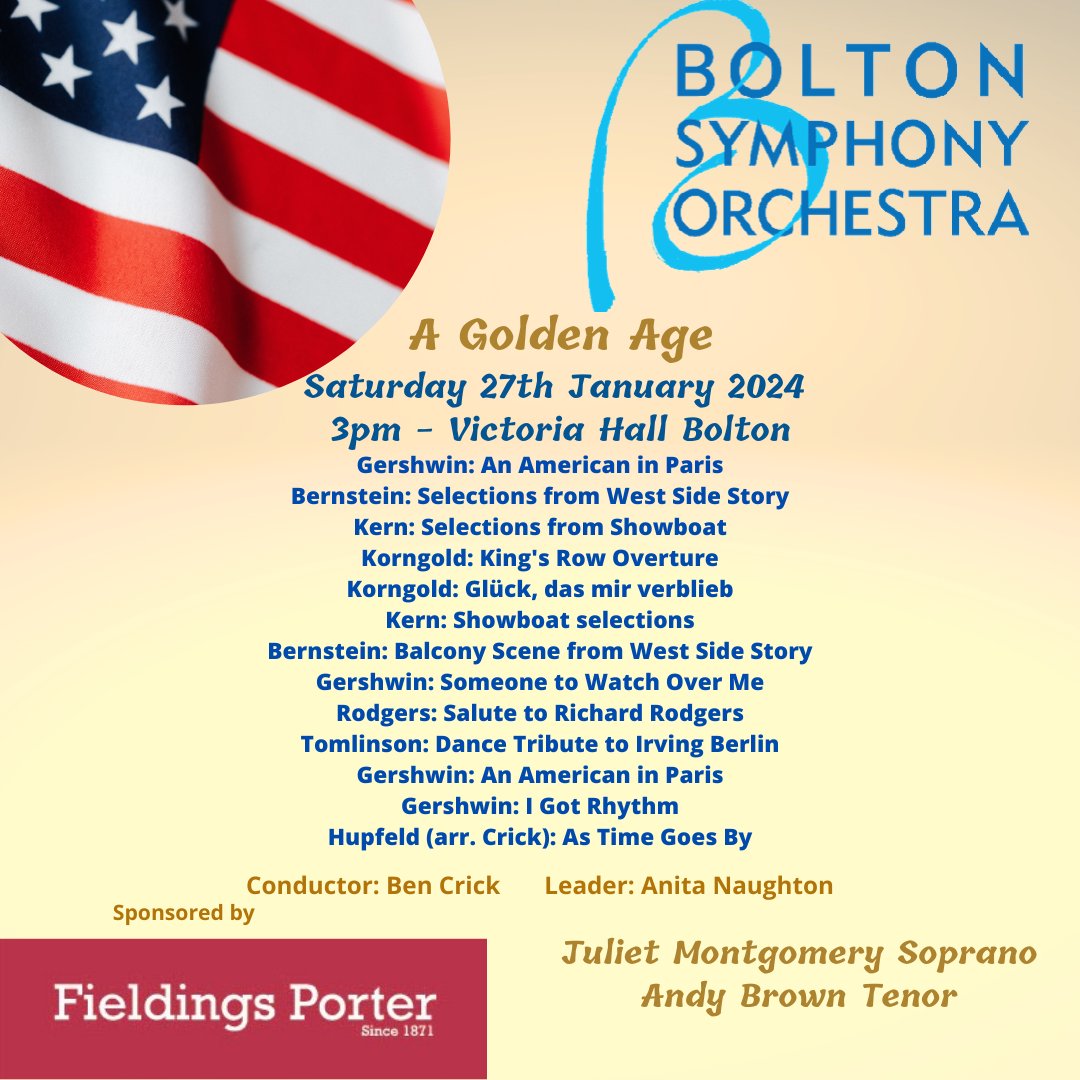 Check out our next concert @VicHallBMM 3pm Sat 27 Jan. #American themed music. All welcome! boltonsymphony.org.uk @BoothsMusic @BoltonFM @boltoncouncil @TheBoltonNews Kindly sponsored by @FieldingsPorter #bolton #bury #salford #wigan #ramsbottom #LANCASHIRE #chorley