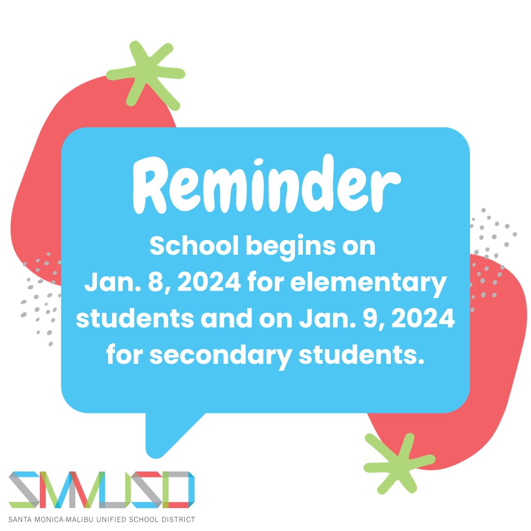 SMMUSD - OFFICIAL (@smmusd) on Twitter photo Mark your calendars! 🗓️ Classes resume on Jan. 8, 2024 for #SMMUSD elementary students  and on Jan. 9, 2024 for secondary students. Students and staff: please stay home if sick and contact your attendance office. <a href="/Dr_AShelton/">Dr. Antonio Shelton</a> @MalibuPrincipal <a href="/SamohiPrincipal/">Marae Cruce</a> Mark your calendars! 🗓️ Classes resume on Jan. 8, 2024 for #SMMUSD elementary students  and on Jan. 9, 2024 for secondary students. Students and staff: please stay home if sick and contact your attendance office. <a href="/Dr_AShelton/">Dr. Antonio Shelton</a> @MalibuPrincipal <a href="/SamohiPrincipal/">Marae Cruce</a>
