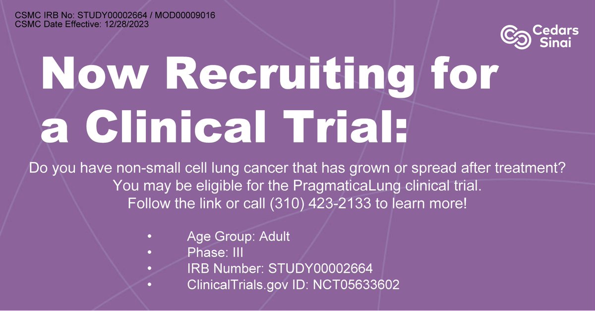 If you have advanced non-small cell #lungcancer, you may be eligible for a clinical trial that compares usual treatment options to a study treatment combining Keytruda (pembrolizumab) and Cyramza (ramucirumab). #NSCLC #oncology #LCSM #PragmaticaLung clinicaltrials.cedars-sinai.edu/view/S2302