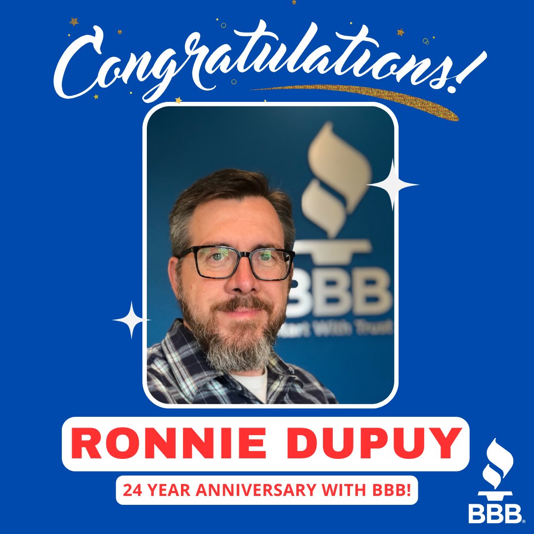 Congratulations to Ronnie Dupuy, our Director of Business Services, for 24 years with the Better Business Bureau system! 

We are so happy to have you on our team! 👏👏👏