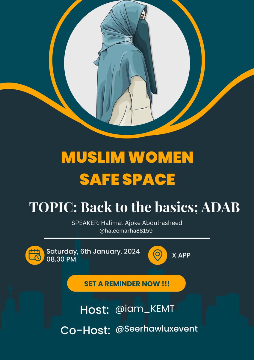 Our 🧕🏾🧕🏾🧕🏾 Join us this Saturday night on our #MuslimWomenSafeSpace Speaker: @haleemarha88159 Cc: @seerhawluxevent @hikmahabdusalam @florets_zaynab @zainul_ahbi @_maimuunah @khadee_ladee @Olaseindeoluwa6 Kindly RT