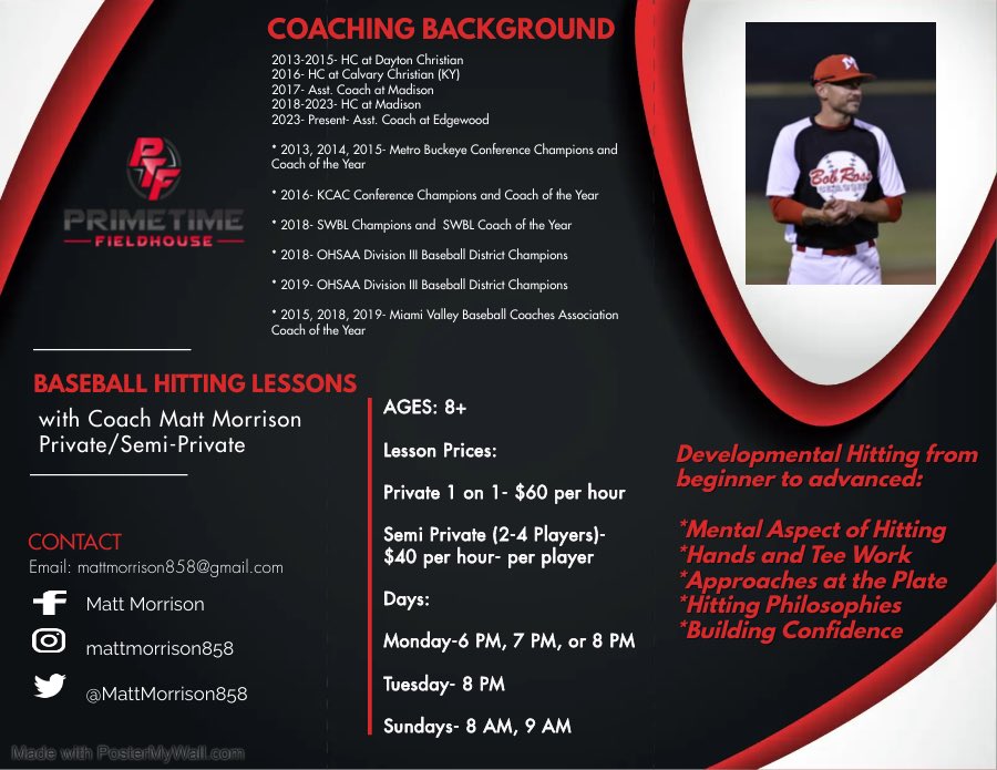 Monday’s- time slots: 6 PM, 7     PM, &amp; 8 PM
Tuesday’s- 8 PM
Sunday’s- time slots: 8 AM &amp; 9 AM
 
Location: Prime Time Fieldhouse
              800 2nd Ave
              Middletown, OH 45044

Reach out via PM to schedule or questions you may have. Thank you!