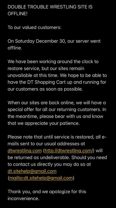 DOUBLE TROUBLE WRESTLING SITE IS OFFLINE! To our valued customers: On Saturday December 30, our server<a href="/tag/hollywood"class="tags"><span>#hollywood</span></a><a href="/tag/grunt"class="tags"><span>#grunt</span></a>