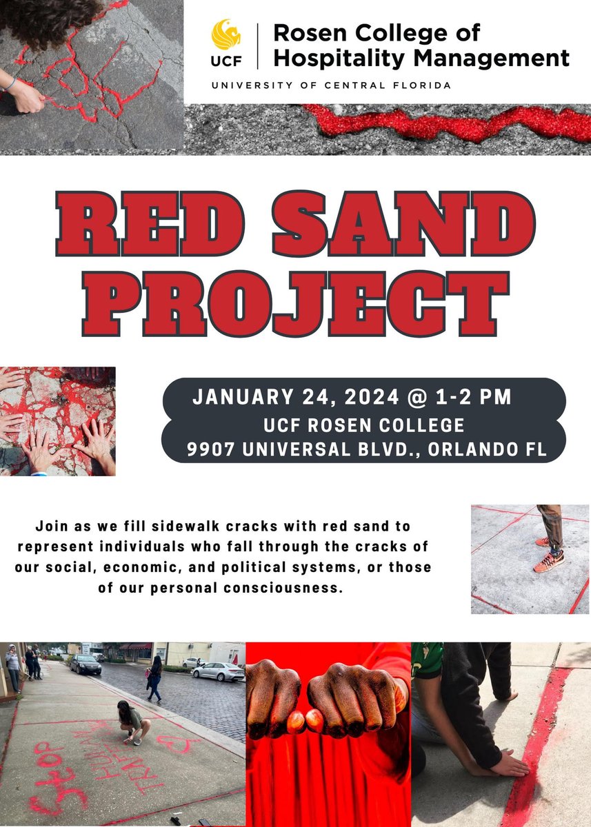 central_safe's tweet image. Join UCF Rosen College of Hospitality Management along with local anti-human trafficking activists and fill sidewalk cracks with red sand to represent those who fall through the cracks of our social, economic, and political systems. #humantrafficking #redsand #redsandproject
