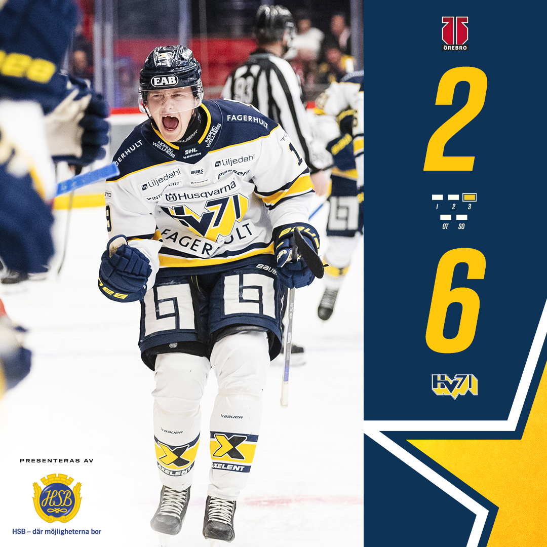 HV71's tweet photo. Seger!! HV71 tar tre härliga poäng borta mot Örebro Hockey. Målskyttar denna kvällen var Henrik Borgström, Isac Brännström, Oskar Stål Lyrenäs, Mattias Tedenby, Oliwer Kaski och Tommi Tikka. #HV71 https://t.co/ZHV8Rk5DB2