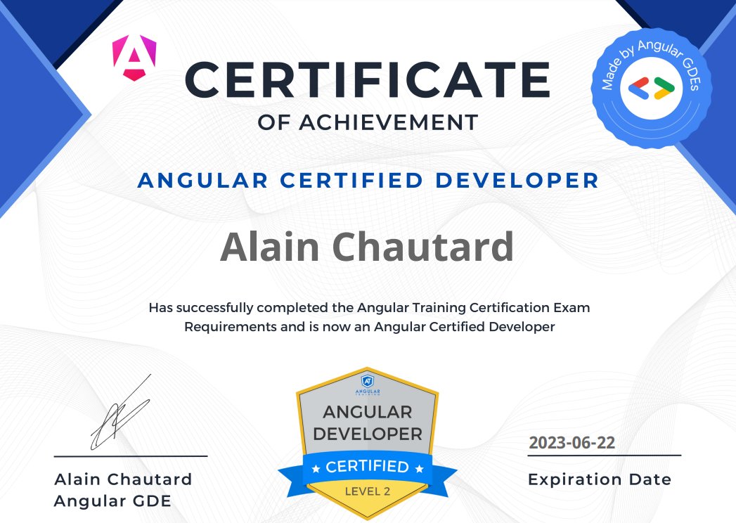 AlainChautard's tweet image. I updated the design of the Angular Certification Certificates with the new Angular logo and a modernized background. What do you think? #angular #angularcertification #angulardeveloper #certificate