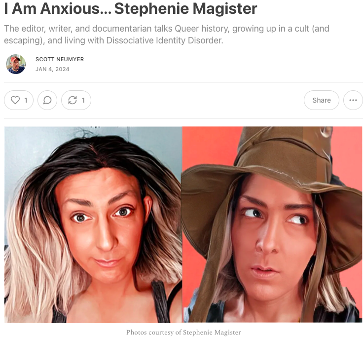 <a href="/ScottNeumyer/">Scott Neumyer</a> at Anxious Dude interviewed me about queer history, growing up in a cult, and living with Dissociative Identity Disorder.

Read the interview on Substack: scottneumyer.substack.com/p/i-am-anxious…

#trans #lgbtq #DID #mentalhealth