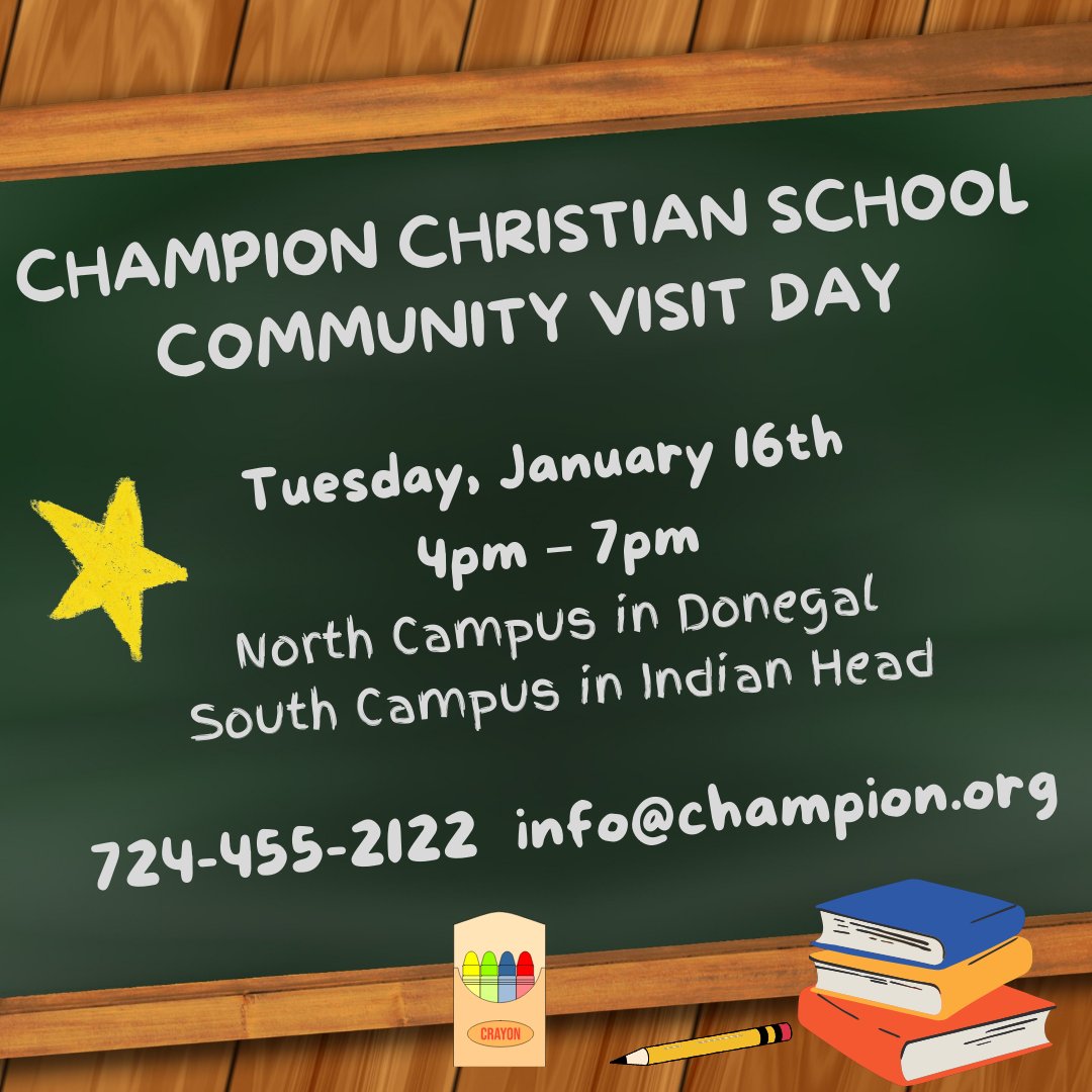 ICVCFCC's tweet photo. You are Invited!!
Preschool families can come to either campus. K-4 families should visit South Campus in Indian Head. Middle School (5-8) and High School (9-12) families should visit North Campus in Donegal.
For an appointment, call 724-455-2122 or email info@champion.org. https://t.co/w3duSXDgGe