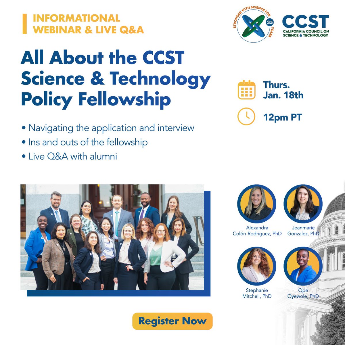 What does a career path in #SciPol look like? Learn all about <a href="/CCSTFellows/">CCST Science & Technology Policy Fellowship</a> and the application cycle from those who know it best — alumni.

Bring your questions!

Register (Thu 1/18 12pm PT):
ccst.us/upcoming-webin…

#SciComm #SciPolJobs <a href="/SciPolJobs/">Science Policy Jobs</a> <a href="/SciPolNetwork/">National Science Policy Network (NSPN)</a> #PhDJobs #CAleg